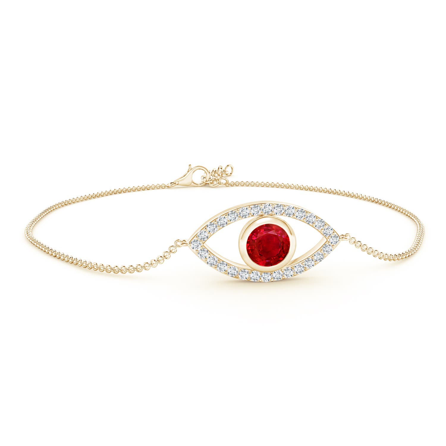 5.5mm AAA Bezel-Set Ruby and Diamond Evil Eye Bracelet in 18K Yellow Gold