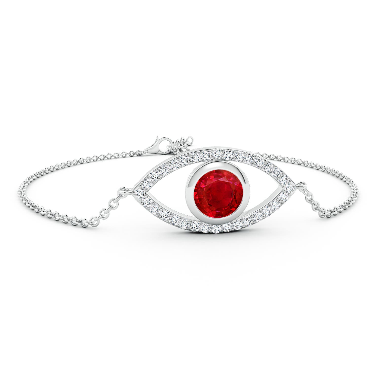 8mm AAA Bezel-Set Ruby and Diamond Evil Eye Bracelet in 18K White Gold