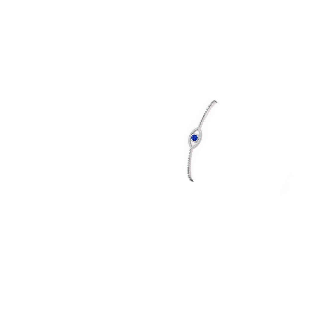 4.5mm AAAA Bezel-Set Sapphire and Diamond Evil Eye Bracelet in 18K White Gold - body_arm