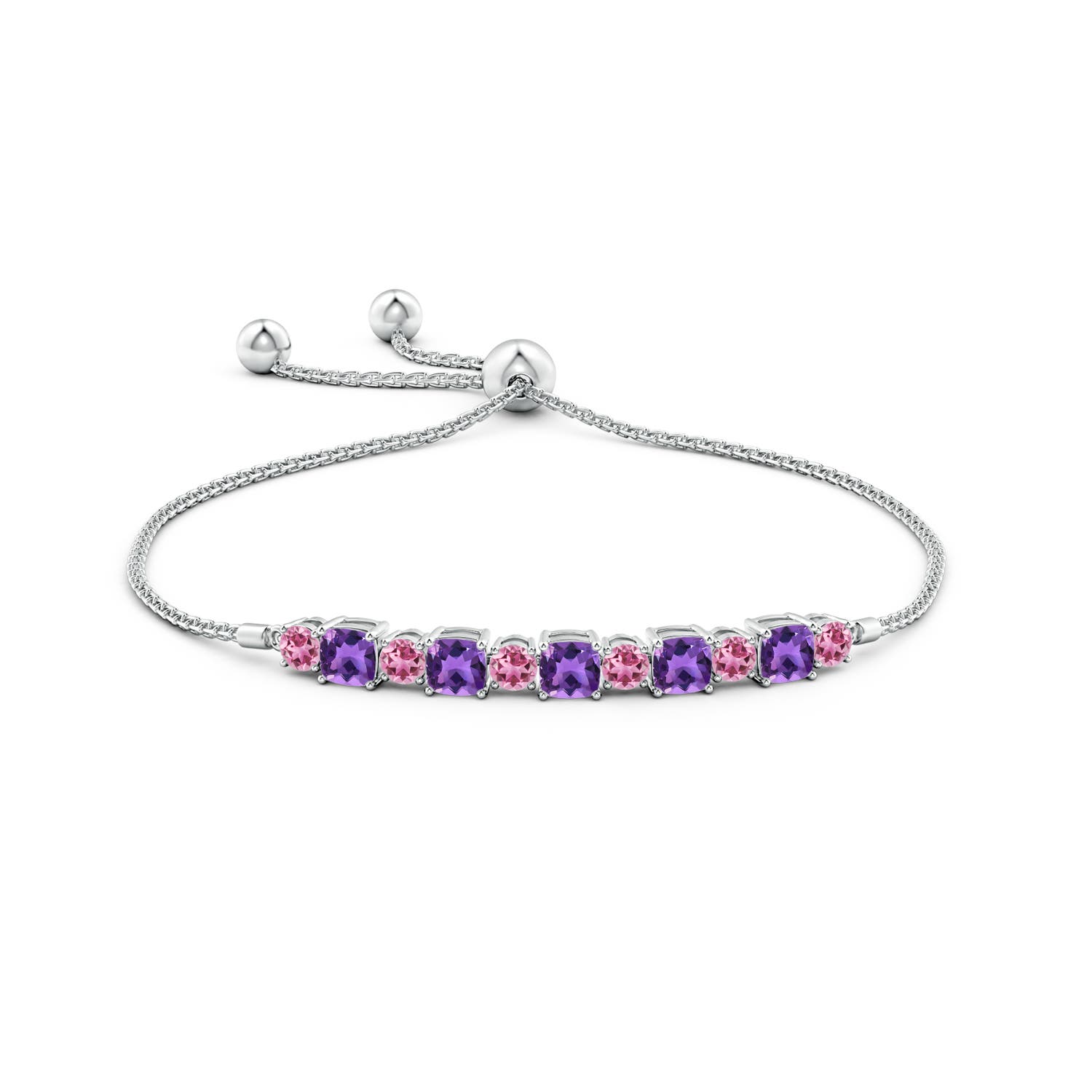 4mm AAA Amethyst and Pink Tourmaline Bolo Bracelet in White Gold - side 1