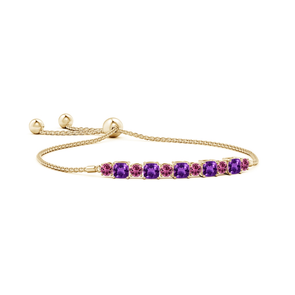 4mm AAAA Amethyst and Pink Tourmaline Bolo Bracelet in Yellow Gold