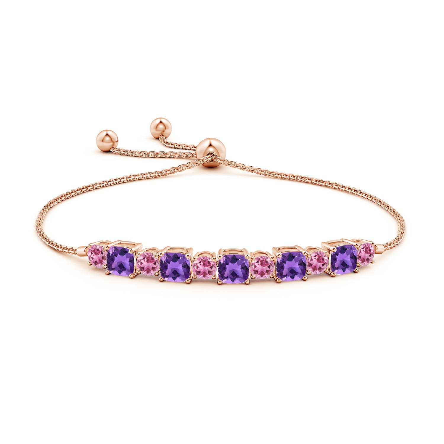 5mm AAA Amethyst and Pink Tourmaline Bolo Bracelet in Rose Gold