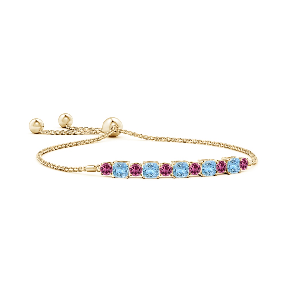 4mm AAAA Aquamarine and Pink Tourmaline Bolo Bracelet in Yellow Gold