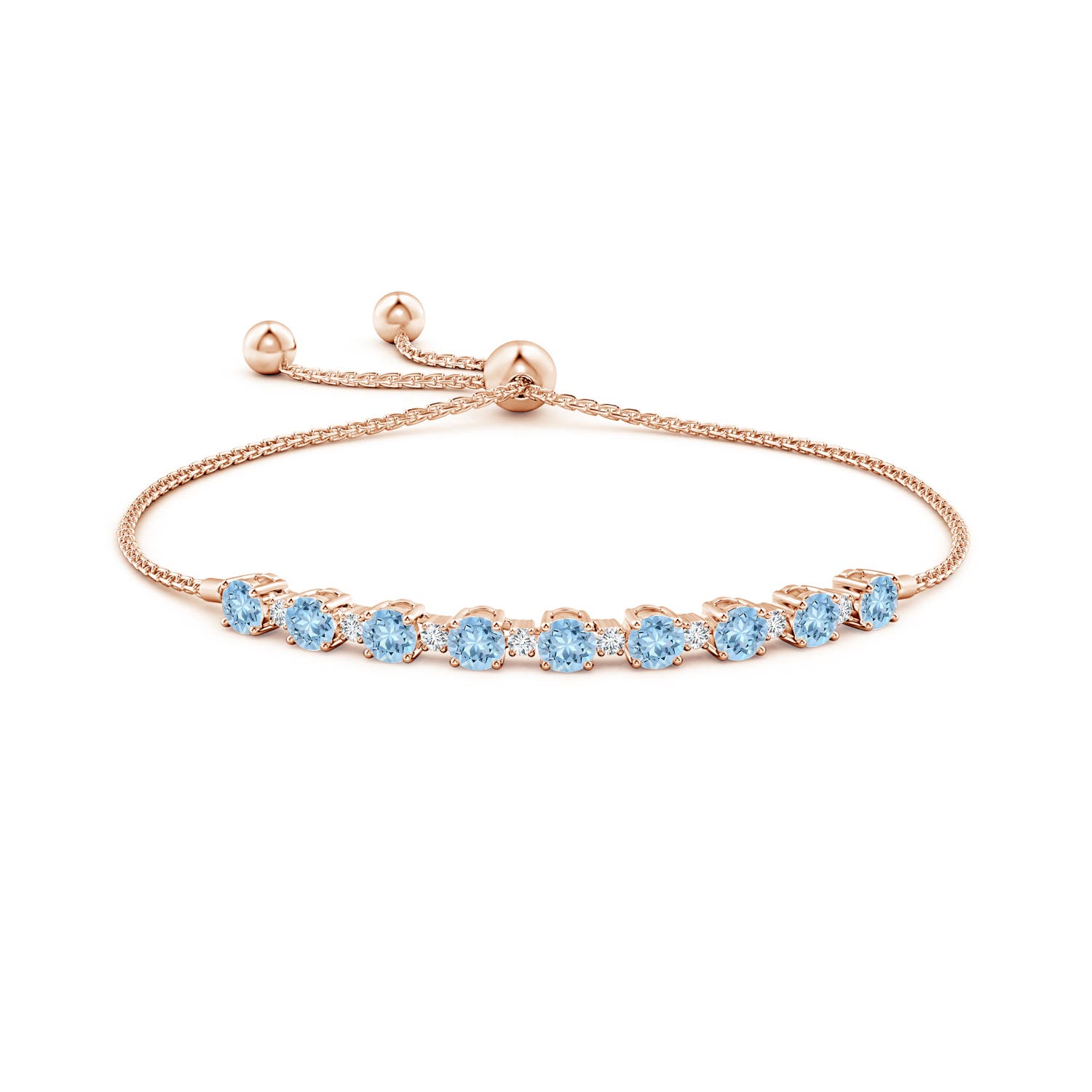 4mm AAA Aquamarine and Diamond Tennis Bolo Bracelet in Rose Gold