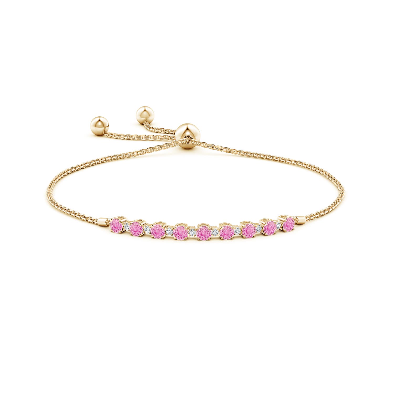 3mm A Pink Sapphire and Diamond Tennis Bolo Bracelet in Yellow Gold