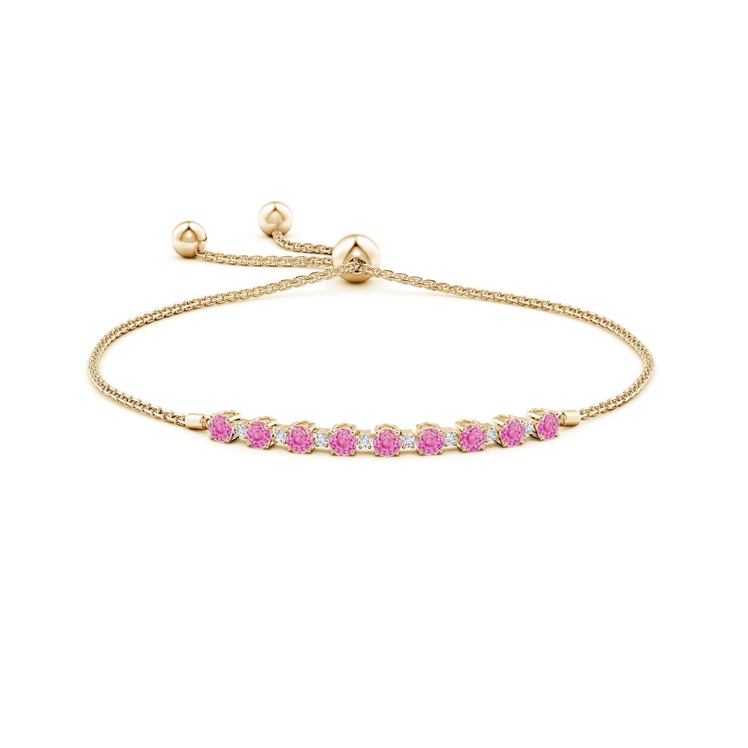 3mm AA Pink Sapphire and Diamond Tennis Bolo Bracelet in Yellow Gold