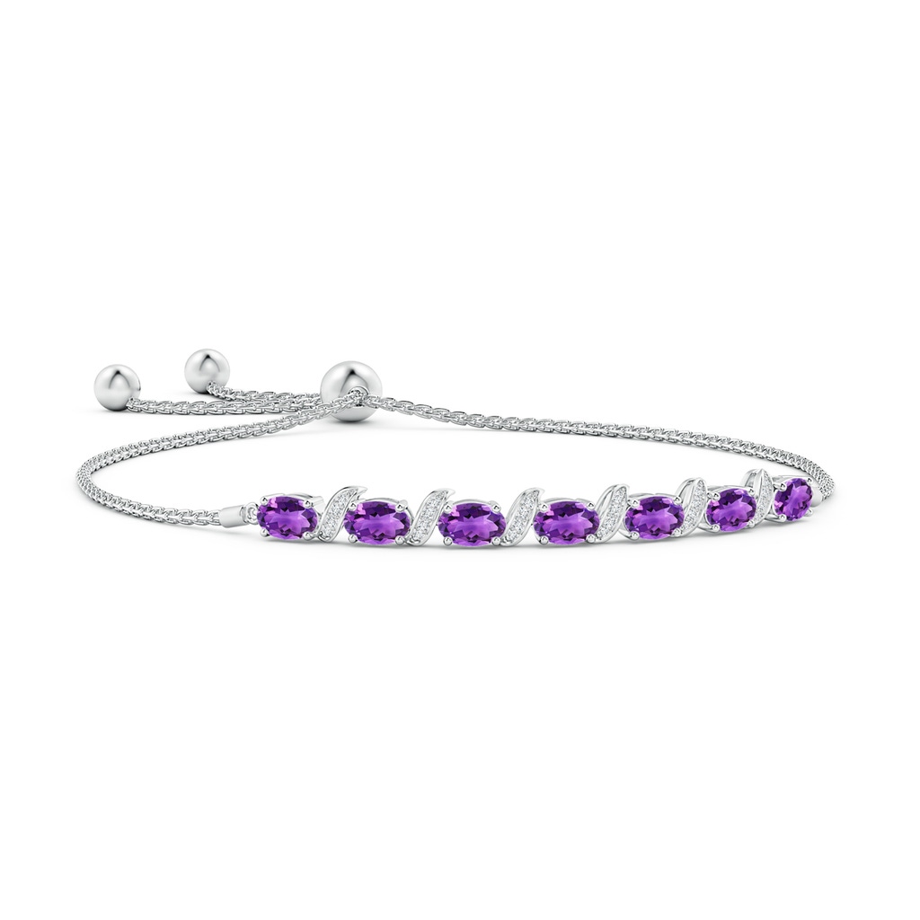 6x4mm AAA Oval Amethyst Bolo Bracelet with Pave-Set Diamonds in White Gold 