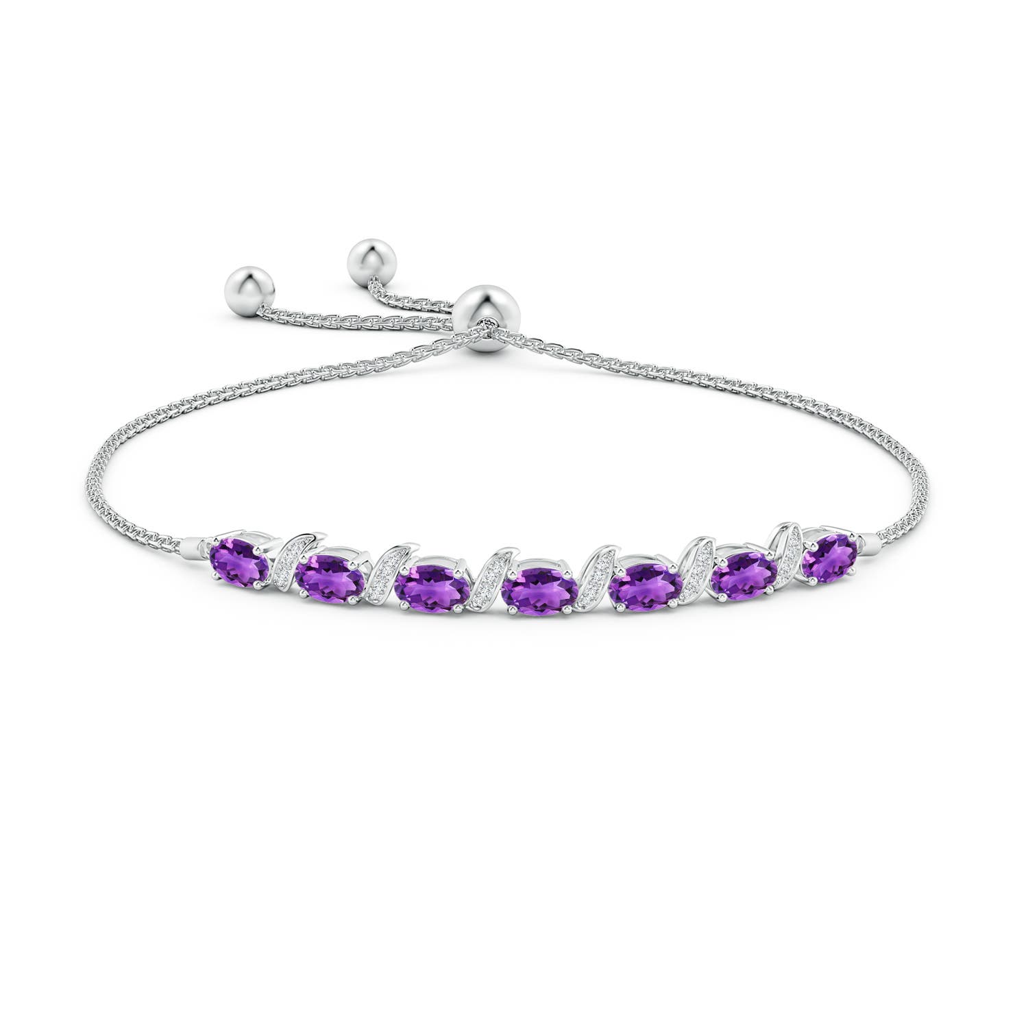 6x4mm AAA Oval Amethyst Bolo Bracelet with Pave-Set Diamonds in White Gold - side 1