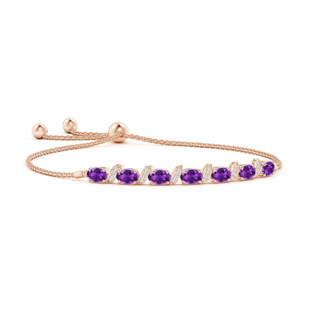 6x4mm AAAA Oval Amethyst Bolo Bracelet with Pave-Set Diamonds in Rose Gold