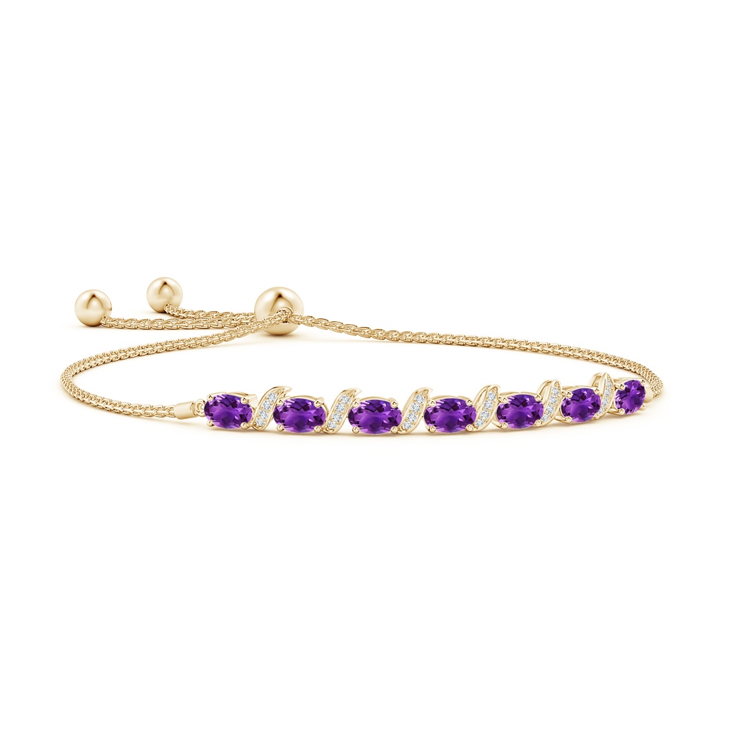 6x4mm AAAA Oval Amethyst Bolo Bracelet with Pave-Set Diamonds in Yellow Gold 