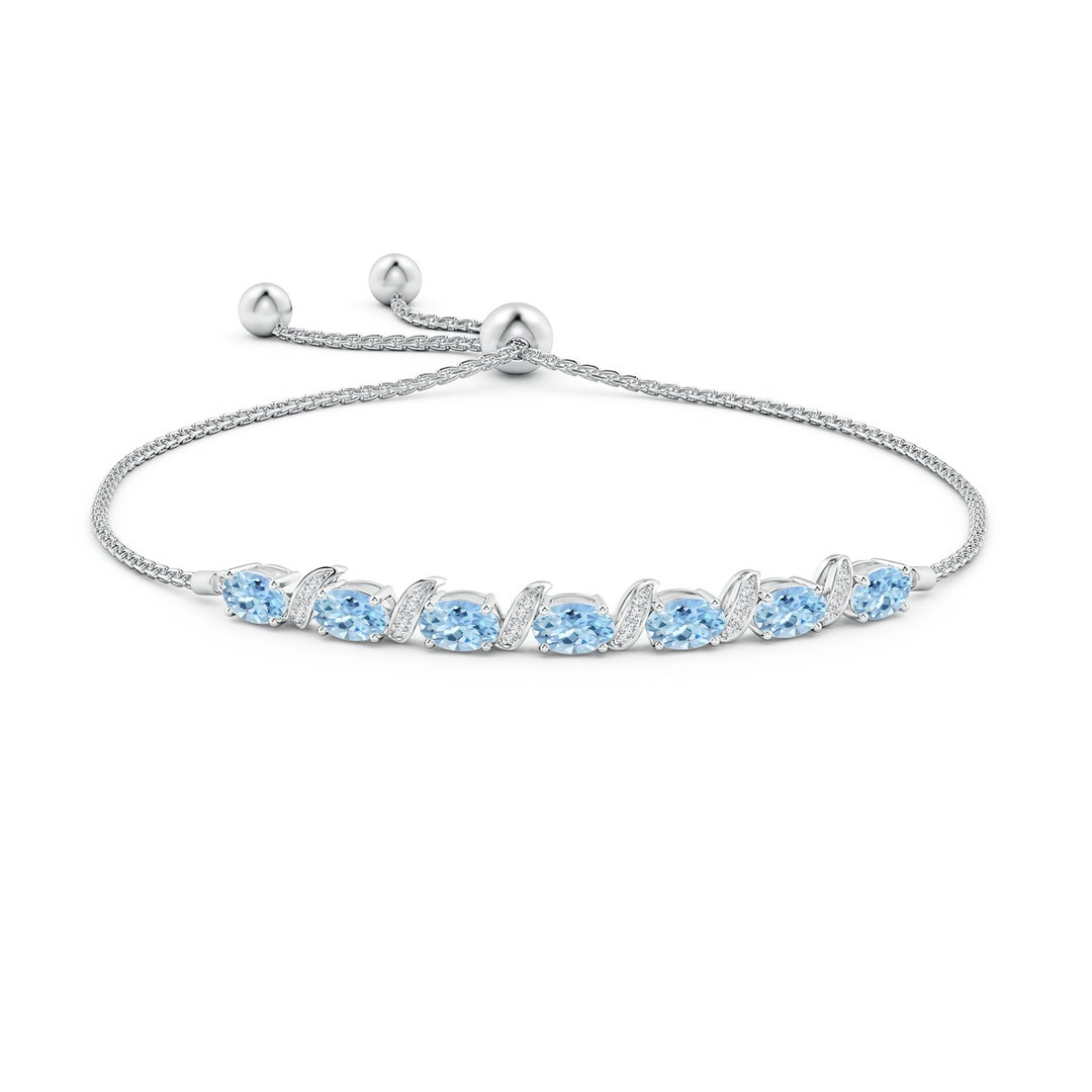 6x4mm AAA Oval Aquamarine Bolo Bracelet with Pave-Set Diamonds in White Gold - side 2