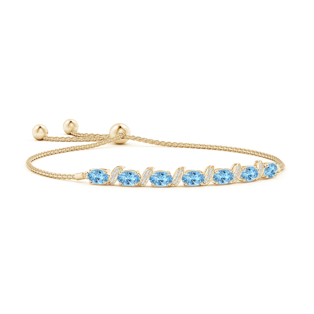 6x4mm AAAA Oval Aquamarine Bolo Bracelet with Pave-Set Diamonds in Yellow Gold