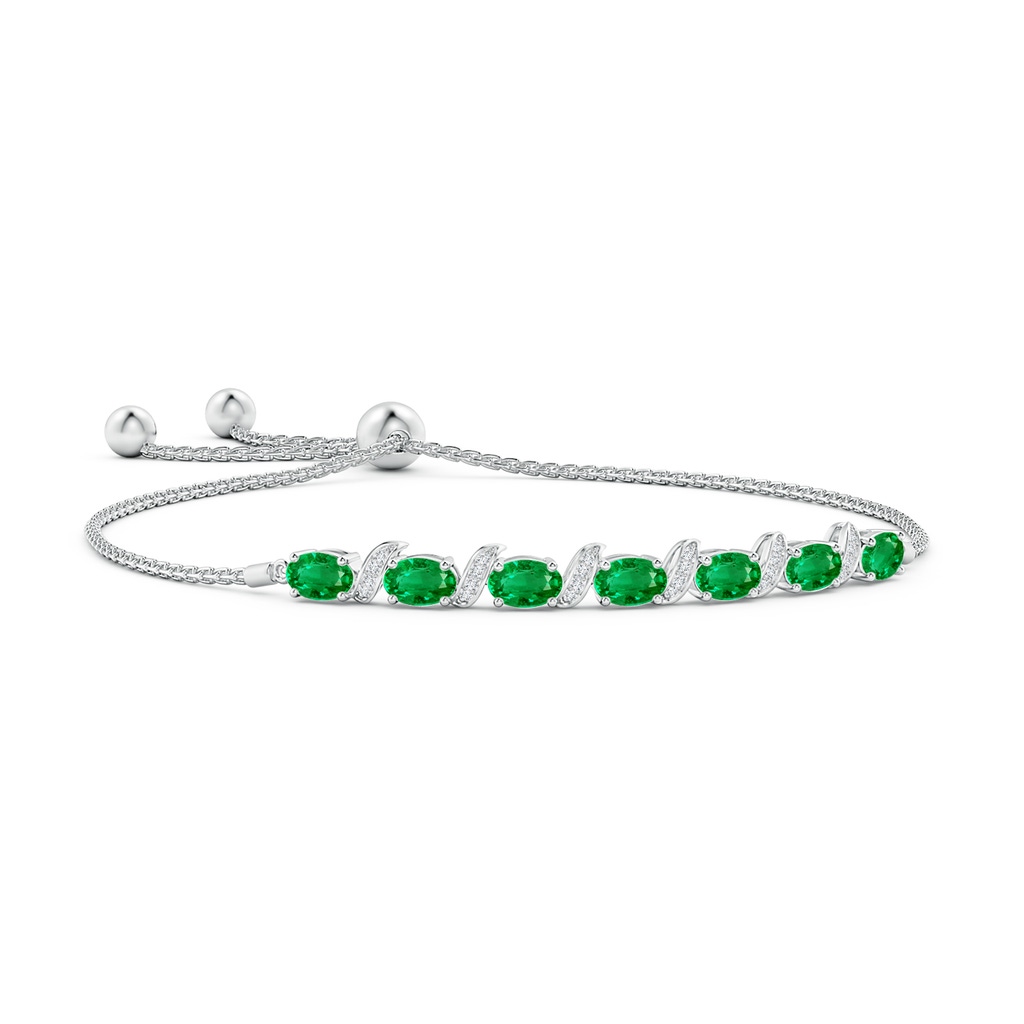 6x4mm AAA Oval Emerald Bolo Bracelet with Pave-Set Diamonds in White Gold