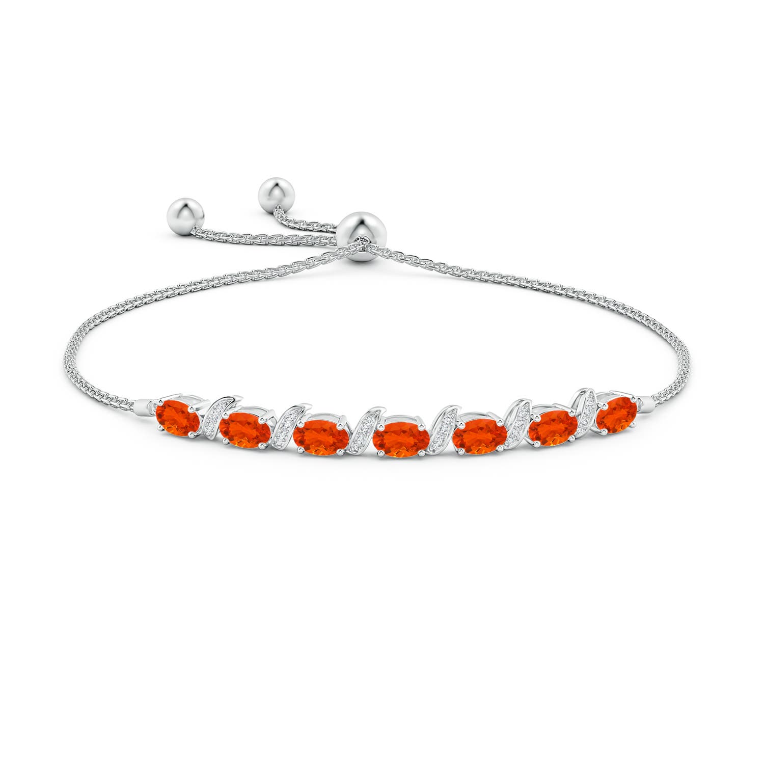 6x4mm AAA Oval Fire Opal Bolo Bracelet with Pave-Set Diamonds in White Gold - side 1