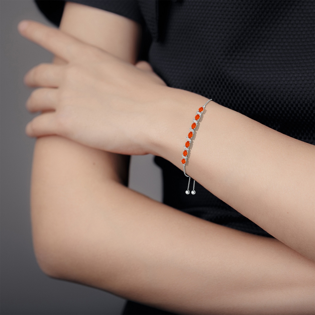 6x4mm AAA Oval Fire Opal Bolo Bracelet with Pave-Set Diamonds in White Gold - body_bra