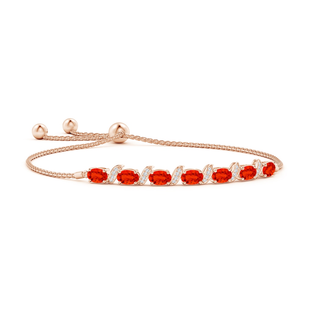 6x4mm AAAA Oval Fire Opal Bolo Bracelet with Pave-Set Diamonds in Rose Gold