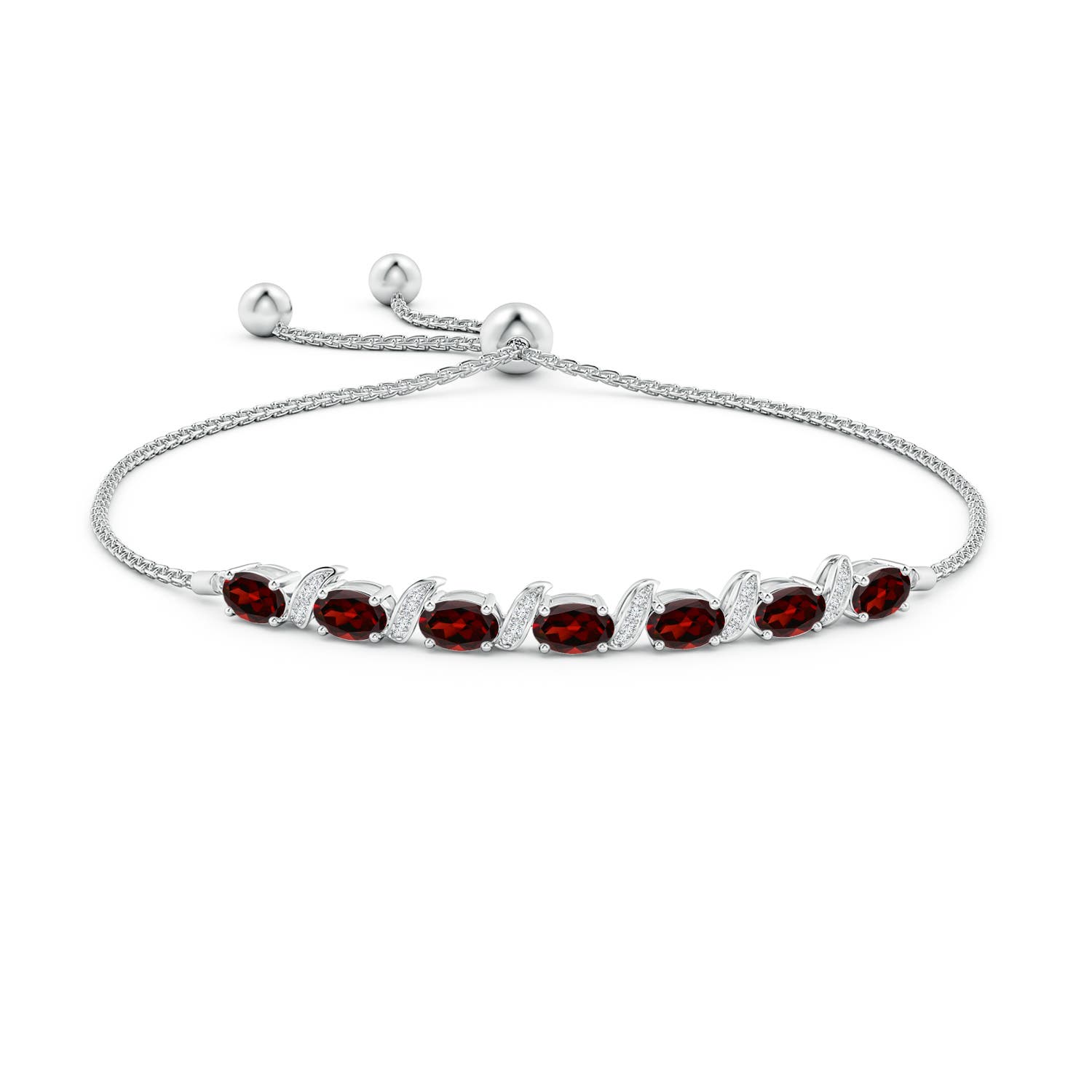 6x4mm AAA Oval Garnet Bolo Bracelet with Pave-Set Diamonds in White Gold - side 1