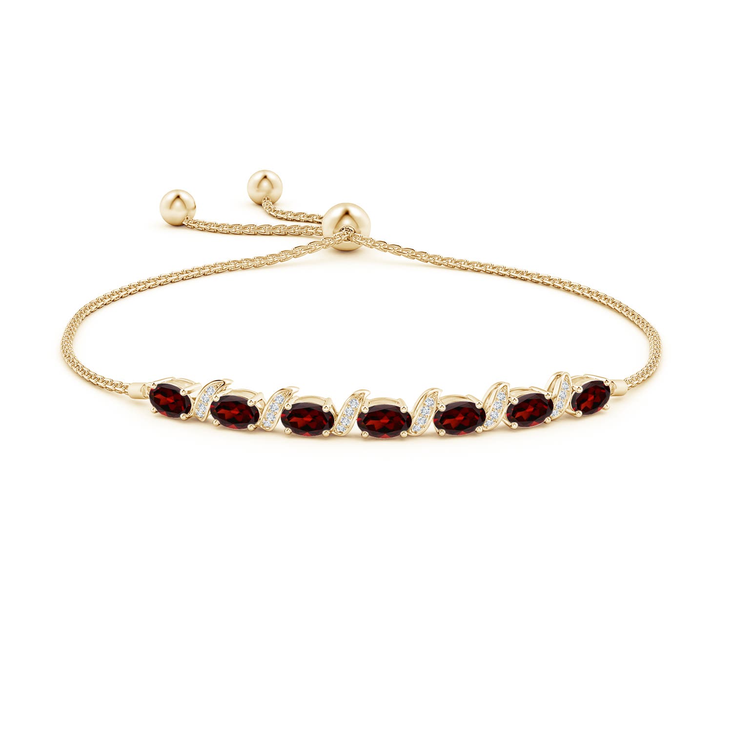 6x4mm AAA Oval Garnet Bolo Bracelet with Pave-Set Diamonds in Yellow Gold