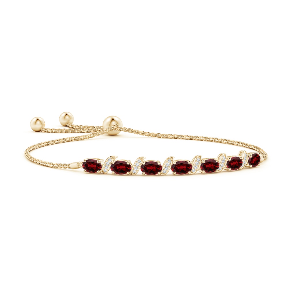 6x4mm AAAA Oval Garnet Bolo Bracelet with Pave-Set Diamonds in Yellow Gold