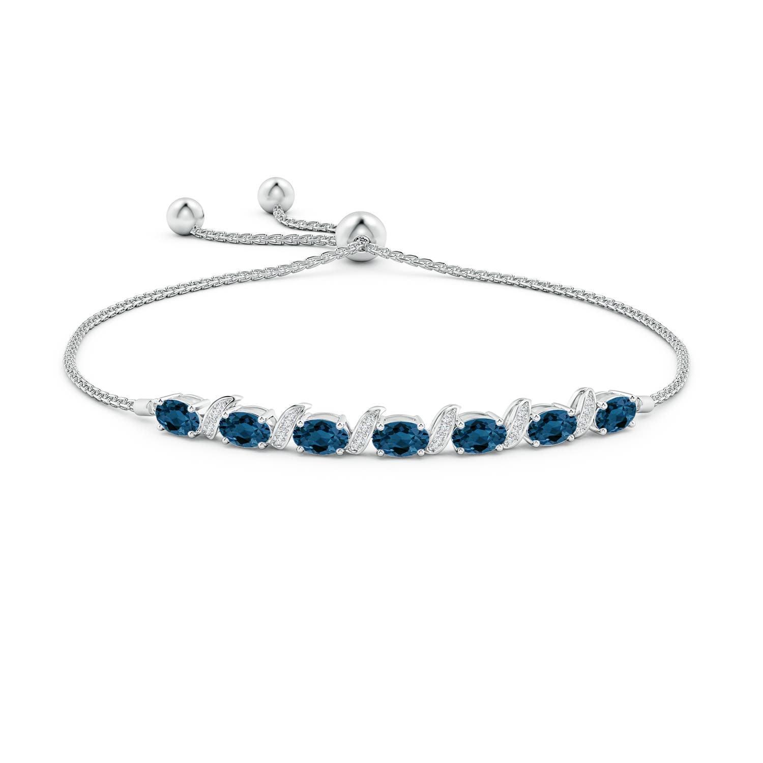 6x4mm AAA Oval London Blue Topaz Bolo Bracelet with Pave-Set Diamonds in White Gold - side 1