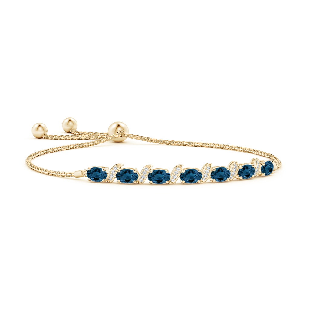 6x4mm AAA Oval London Blue Topaz Bolo Bracelet with Pave-Set Diamonds in Yellow Gold
