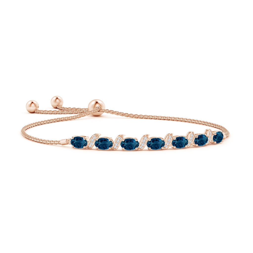 6x4mm AAAA Oval London Blue Topaz Bolo Bracelet with Pave-Set Diamonds in Rose Gold