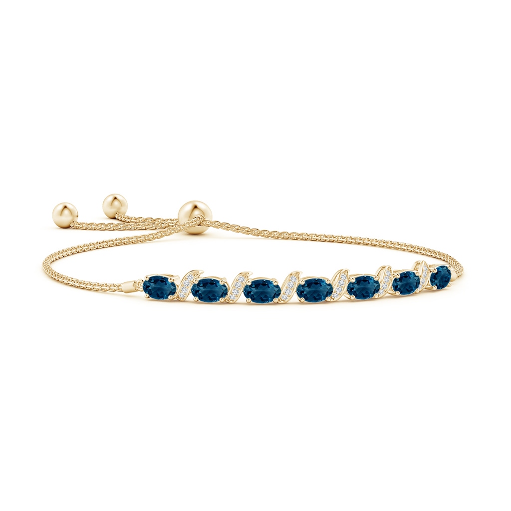 6x4mm AAAA Oval London Blue Topaz Bolo Bracelet with Pave-Set Diamonds in Yellow Gold