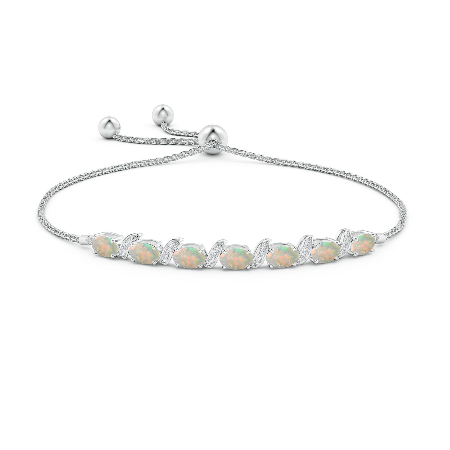 6x4mm AAAA Oval Opal Bolo Bracelet with Pave-Set Diamonds in White Gold