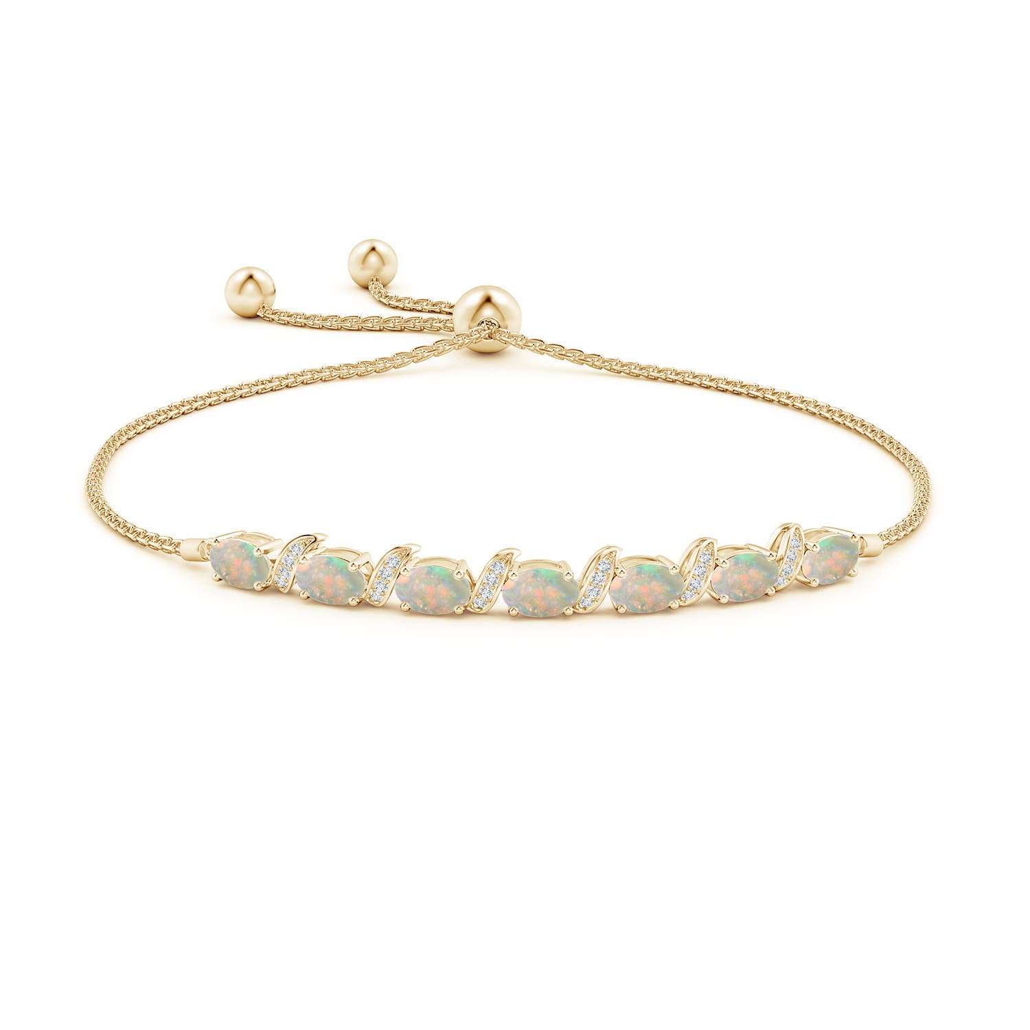6x4mm AAAA Oval Opal Bolo Bracelet with Pave-Set Diamonds in Yellow Gold - side 1