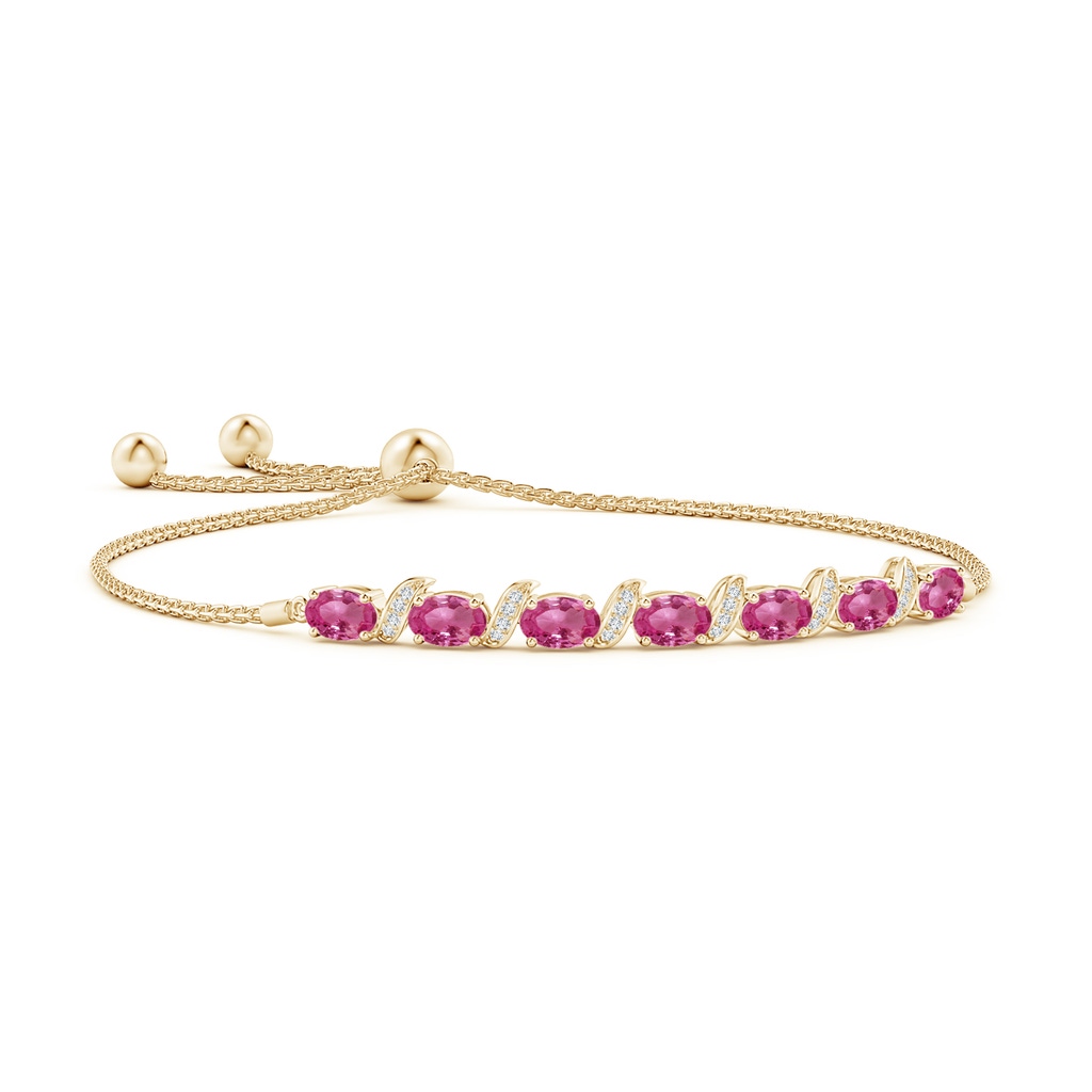 6x4mm AAAA Oval Pink Sapphire Bolo Bracelet with Pave-Set Diamonds in Yellow Gold