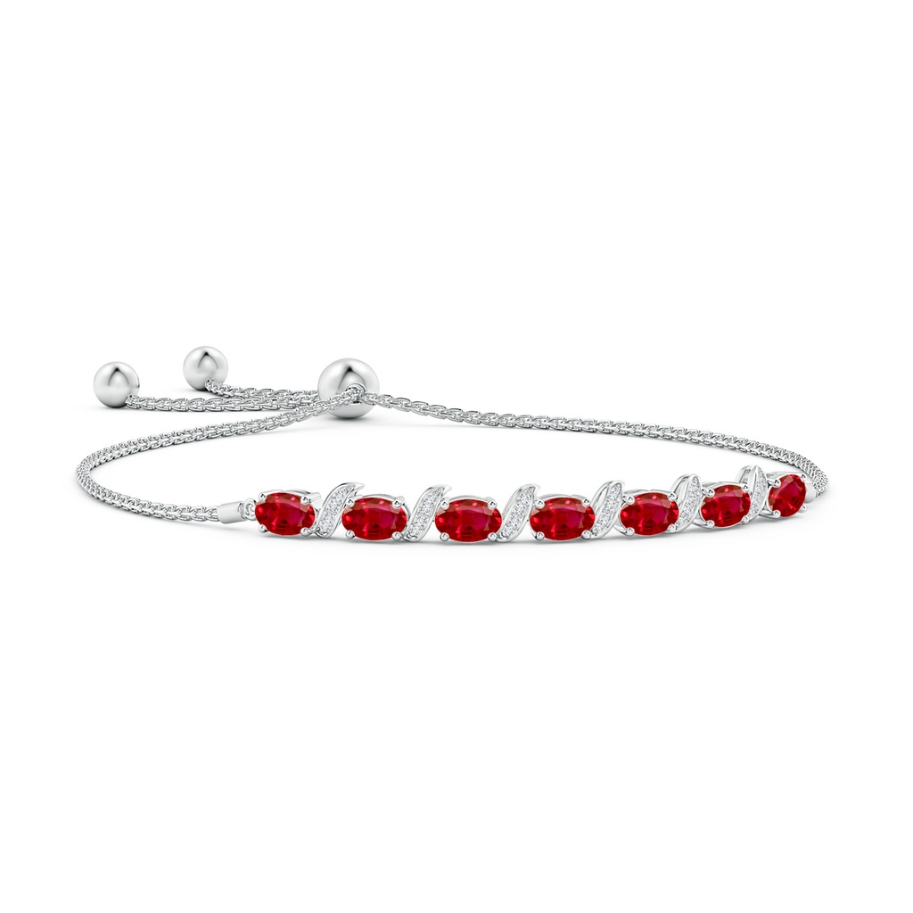 6x4mm AAA Oval Ruby Bolo Bracelet with Pave-Set Diamonds in White Gold