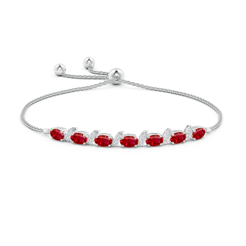 6x4mm AAA Oval Ruby Bolo Bracelet with Pave-Set Diamonds in White Gold Side-1