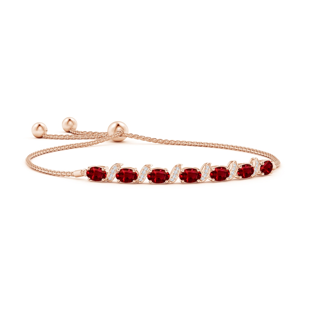 6x4mm AAAA Oval Ruby Bolo Bracelet with Pave-Set Diamonds in Rose Gold