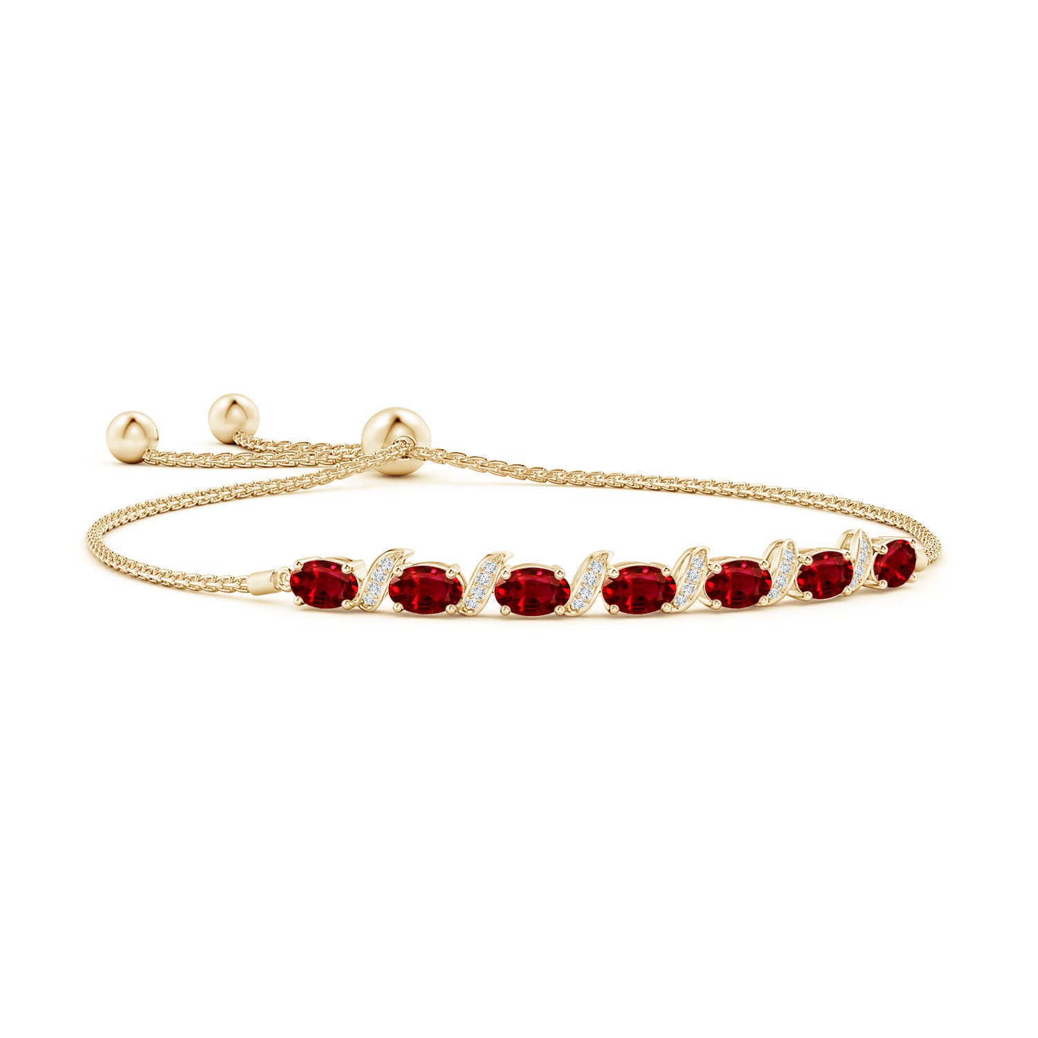 6x4mm AAAA Oval Ruby Bolo Bracelet with Pave-Set Diamonds in Yellow Gold