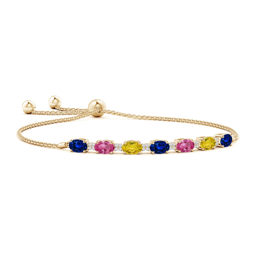 6x4mm AAAA Oval Blue Sapphire Bolo Bracelet with Pink and Yellow Sapphire in Yellow Gold