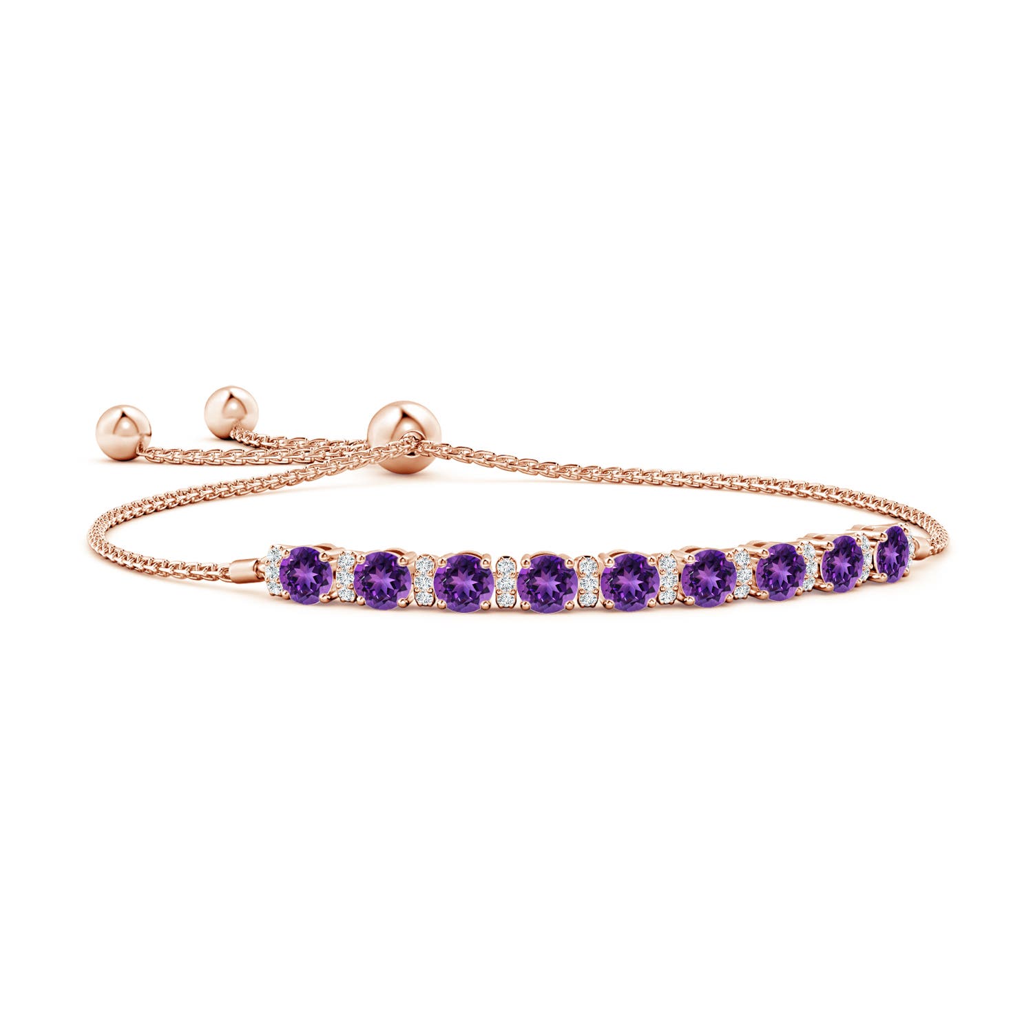 4mm AAAA Amethyst Bolo Bracelet with Diamond Accents in Rose Gold