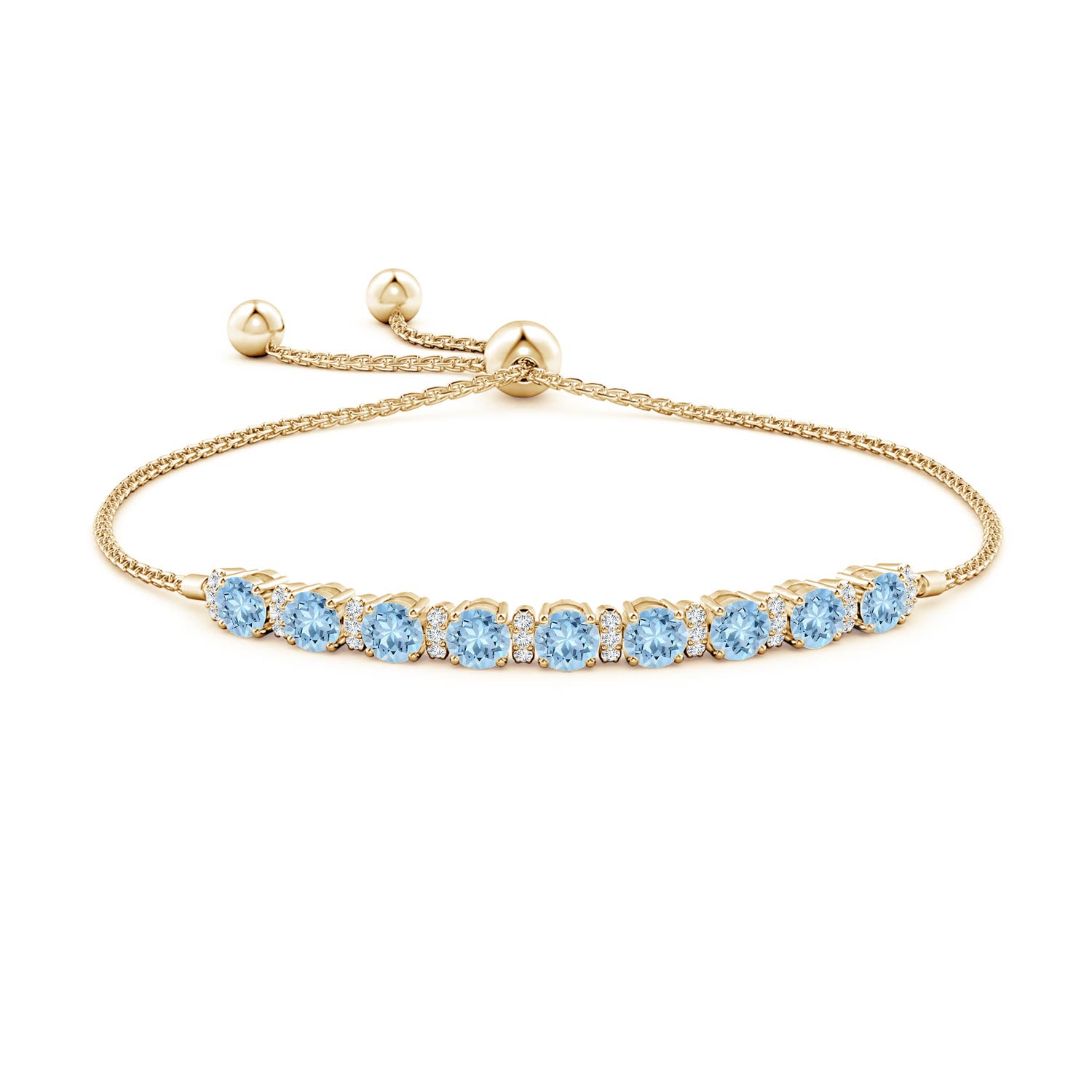 4mm AAA Aquamarine Bolo Bracelet with Diamond Accents in Yellow Gold