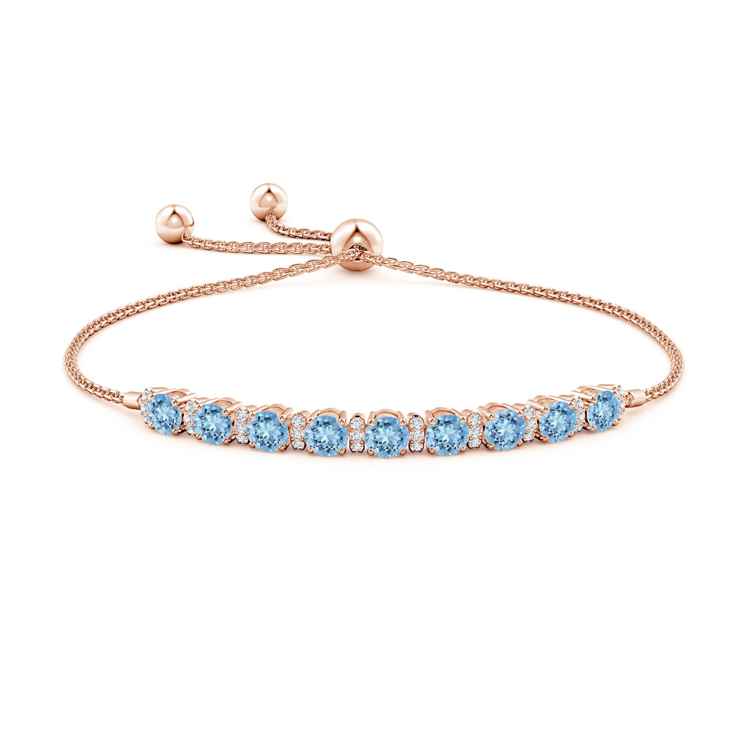 4mm AAAA Aquamarine Bolo Bracelet with Diamond Accents in Rose Gold