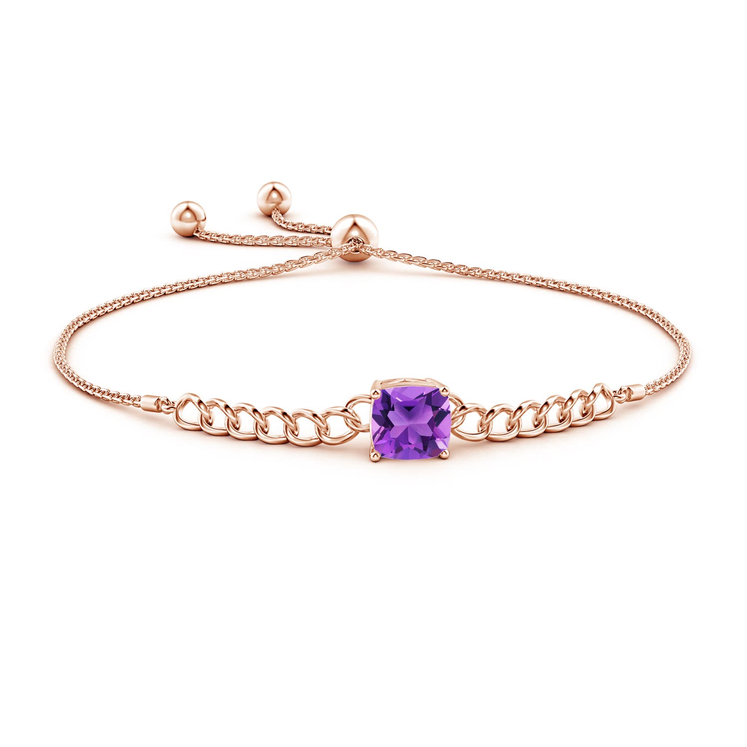 8mm AAA Cushion Amethyst Curb Chain Bolo Bracelet in Rose Gold