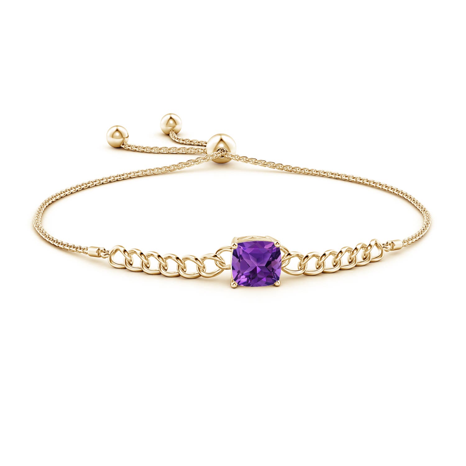 8mm AAAA Cushion Amethyst Curb Chain Bolo Bracelet in Yellow Gold - side 1