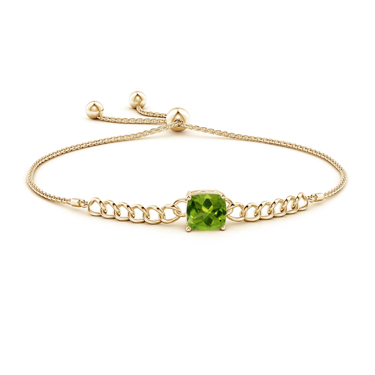 8mm AAAA Cushion Peridot Curb Chain Bolo Bracelet in Yellow Gold