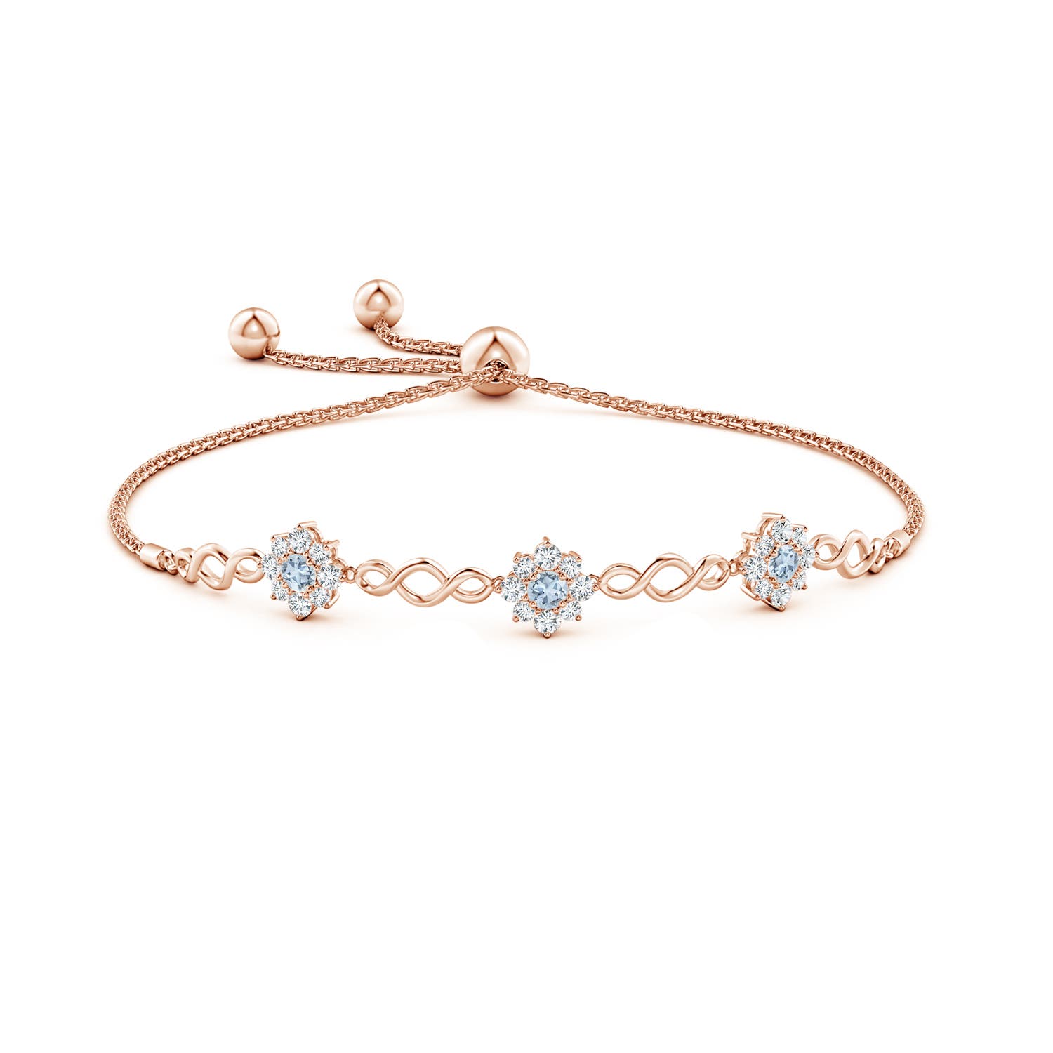 3mm A Infinity Aquamarine Station Bolo Bracelet with Floral Halo in Rose Gold
