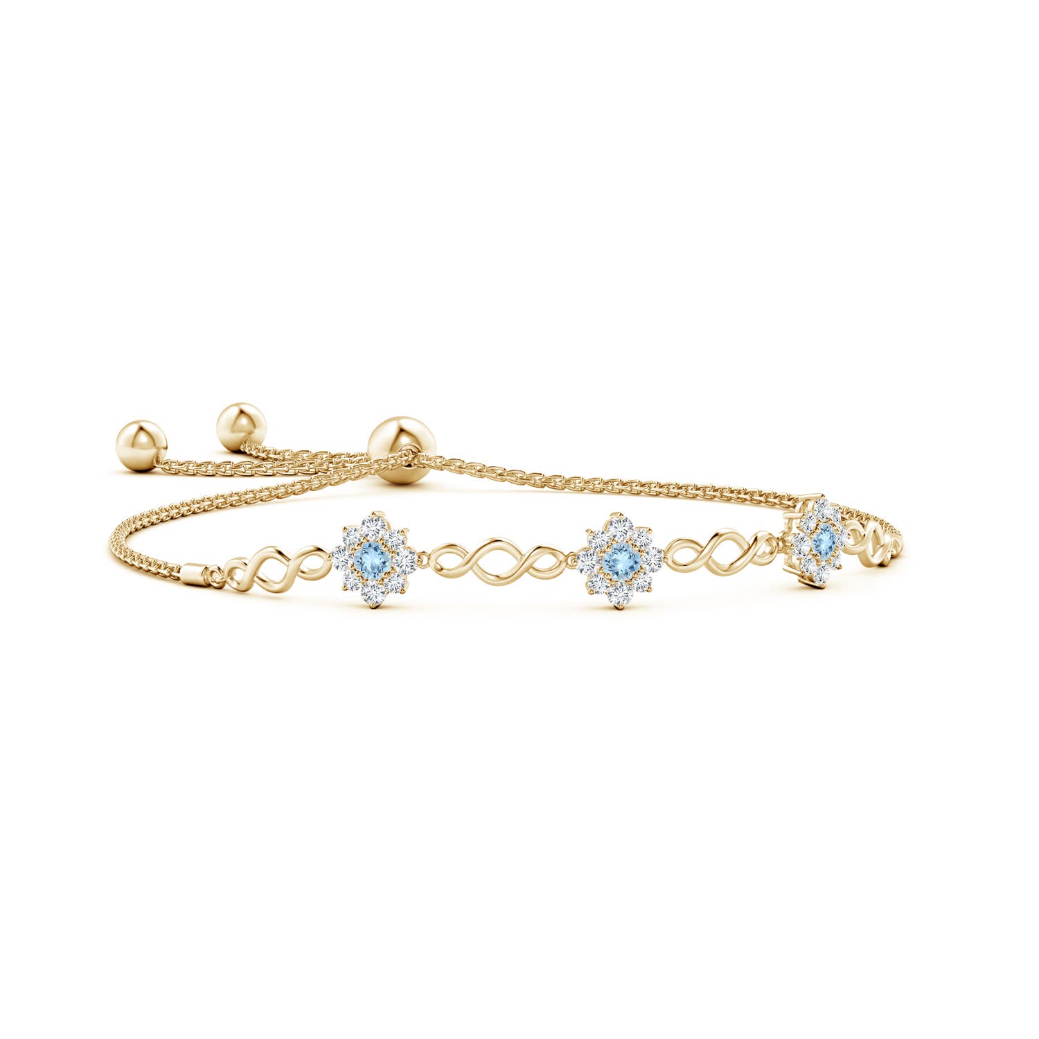 3mm AAA Infinity Aquamarine Station Bolo Bracelet with Floral Halo in Yellow Gold