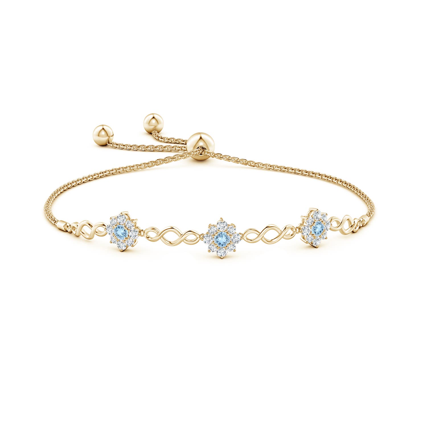 3mm AAA Infinity Aquamarine Station Bolo Bracelet with Floral Halo in Yellow Gold