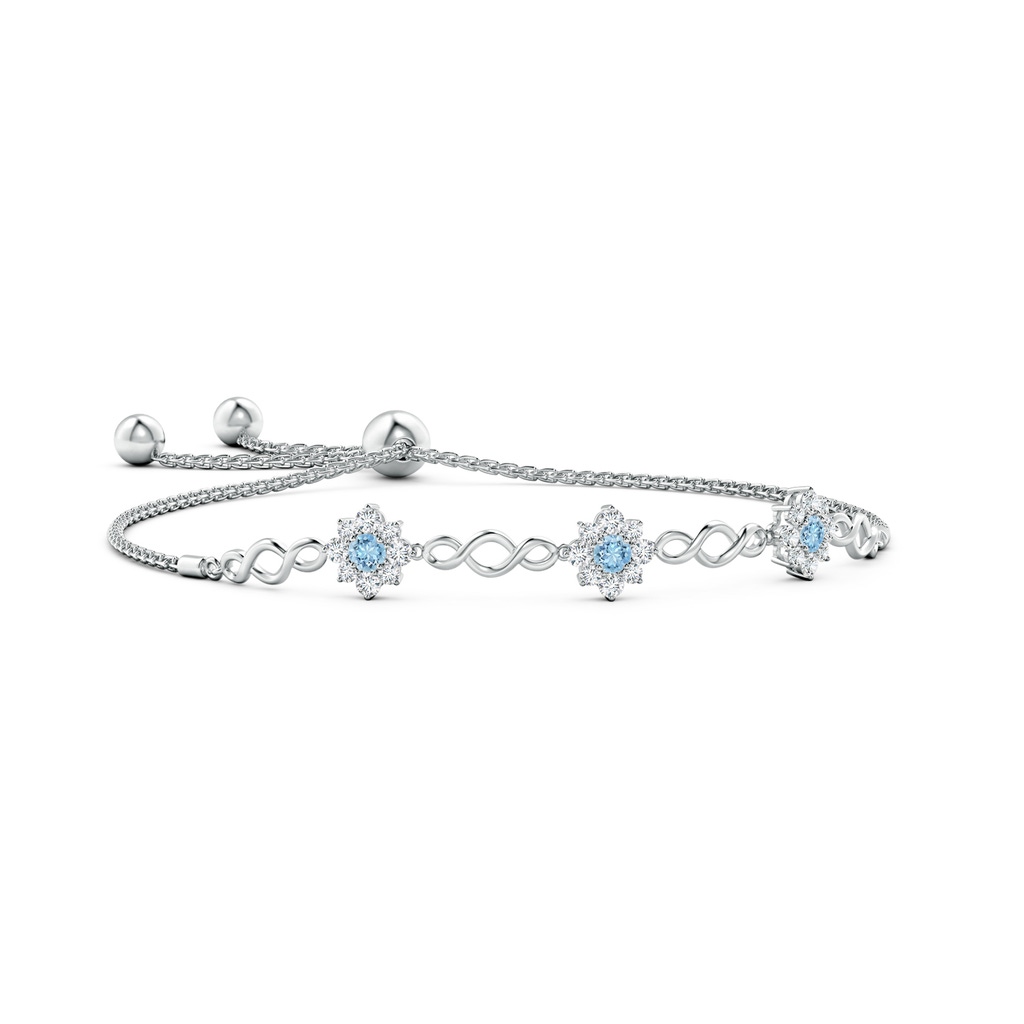 3mm AAAA Infinity Aquamarine Station Bolo Bracelet with Floral Halo in White Gold