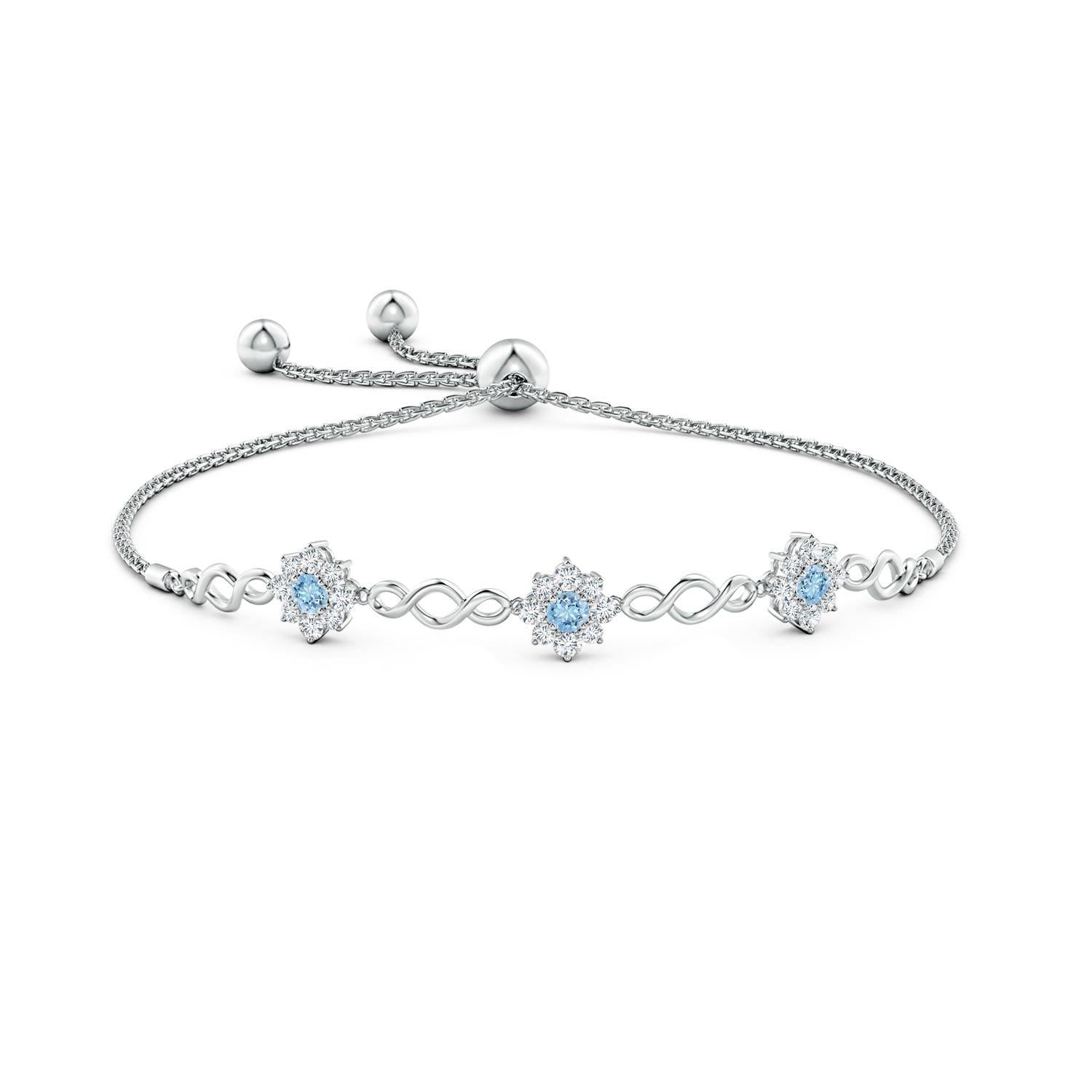 3mm AAAA Infinity Aquamarine Station Bolo Bracelet with Floral Halo in White Gold