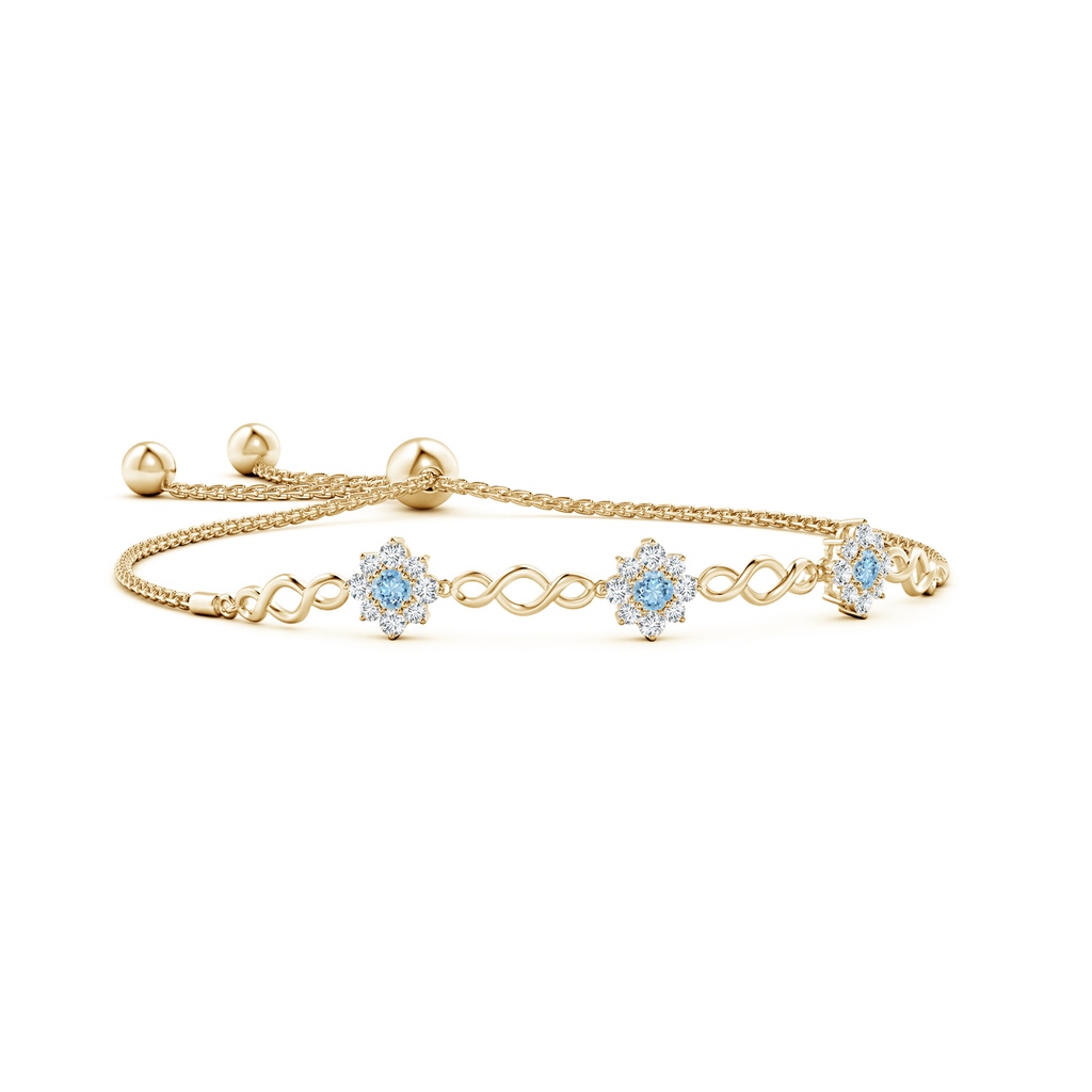 3mm AAAA Infinity Aquamarine Station Bolo Bracelet with Floral Halo in Yellow Gold