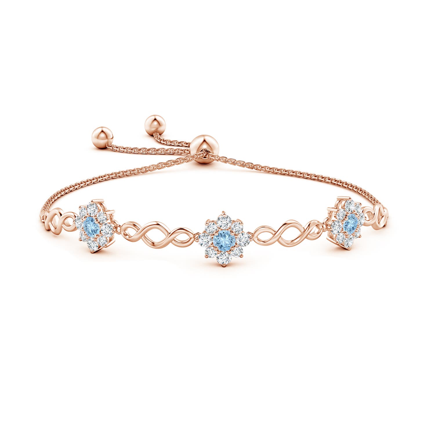 4mm AAA Infinity Aquamarine Station Bolo Bracelet with Floral Halo in Rose Gold