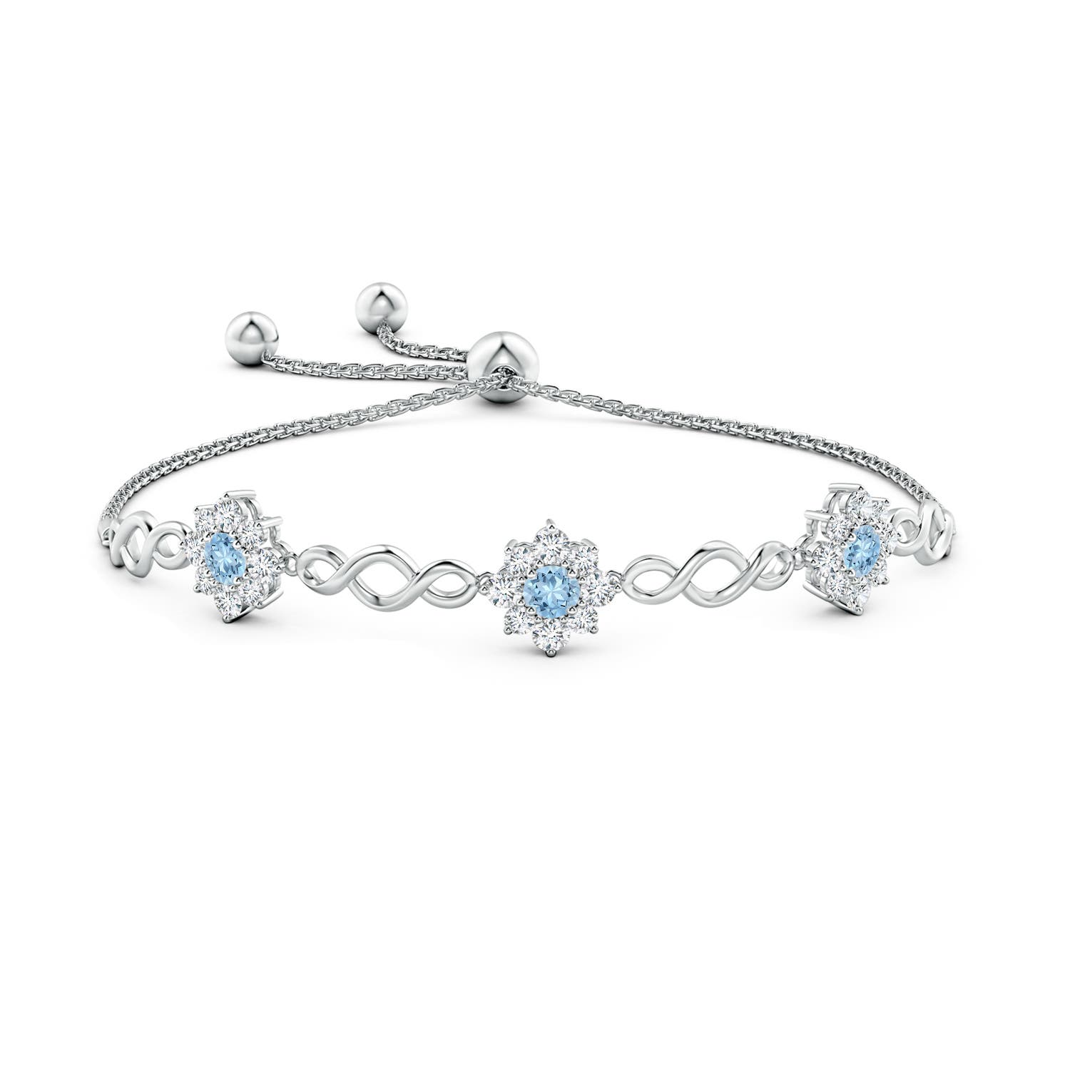 4mm AAA Infinity Aquamarine Station Bolo Bracelet with Floral Halo in White Gold