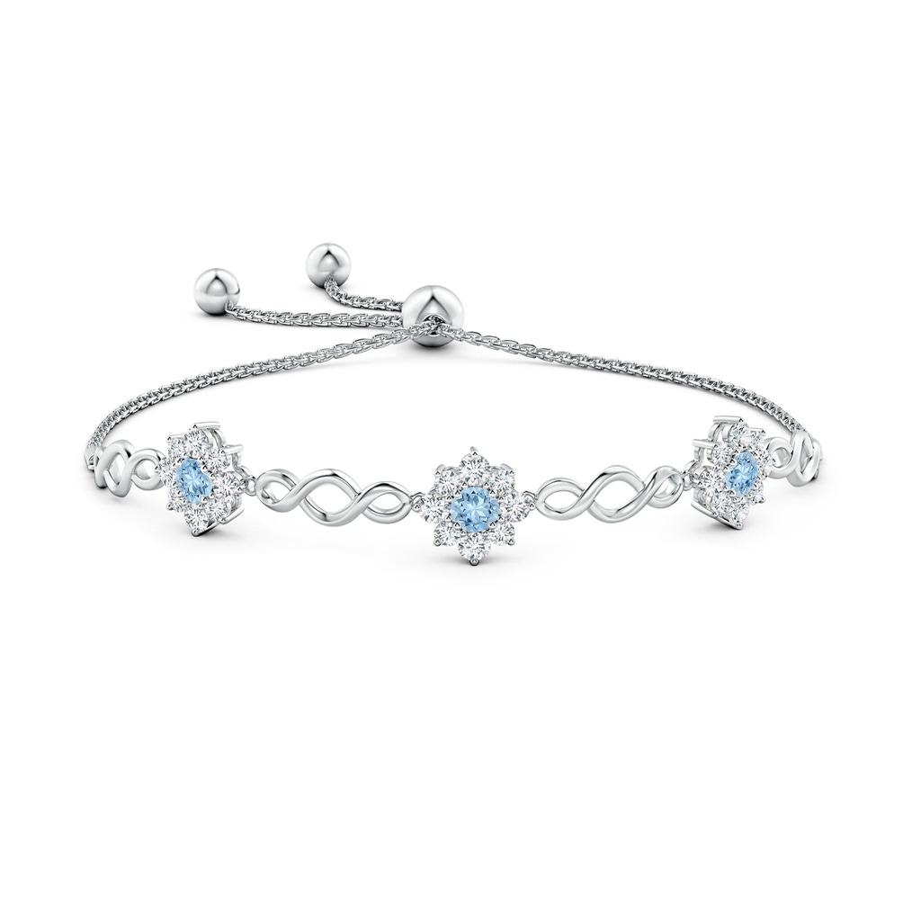 4mm AAA Infinity Aquamarine Station Bolo Bracelet with Floral Halo in White Gold Side-1